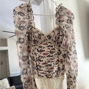 Free people body suit chiffon puff sleeves